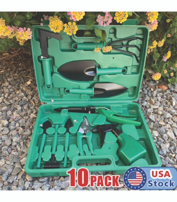 10pc Garden Tool Set Vegetable Flower Gardening Hand Tools Kits w/ Carrying Case