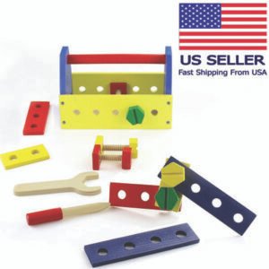 Montessori Wood Tool Box Toy Set for Toddlers, Construction Kit, 14 pieces + box