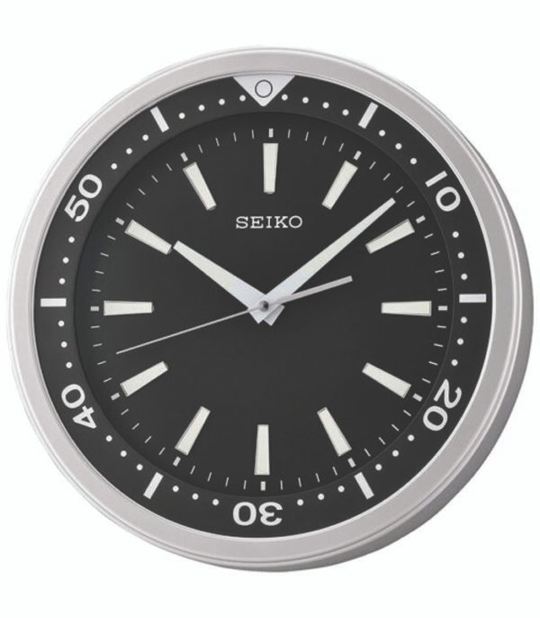 Seiko 14″ Modern “Watch Face” Black & Silver Quiet Sweep Wall Clock QXA723ALH